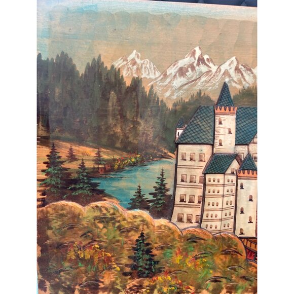 Vintage Neuschwanstein Castle Mountain Landscape Wood 3D Carving Wall Hanging - Picture 2 of 9